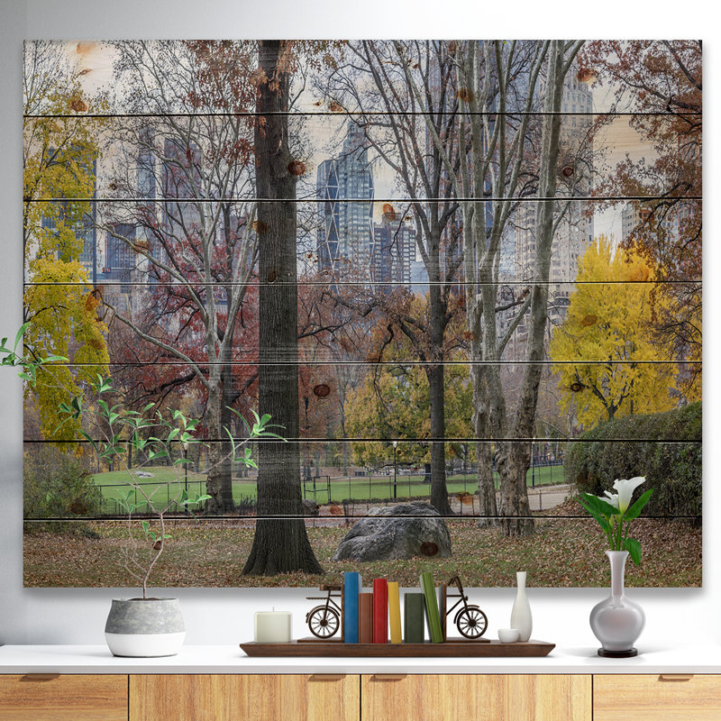 Central Park, New York en automne - Photographie sans cadre sur bois, H 16 po x l 32 po x P 1 po