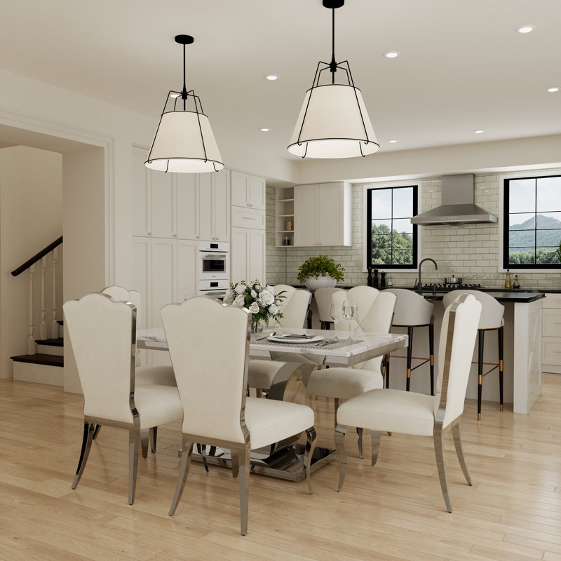Ensemble de table de salle à manger de luxe moderne 7 pièces avec 6 chaises en velours blanc et argent