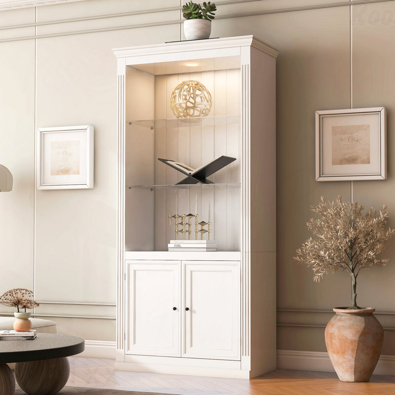 78.75''H 4-Tier White Display Shelf With 5-Colors Dimmable Ceiling Light Freestanding Farmhouse Bookcases With Storage & Doors Bookshelf With Adjustable Glass Shelves For Home & Office