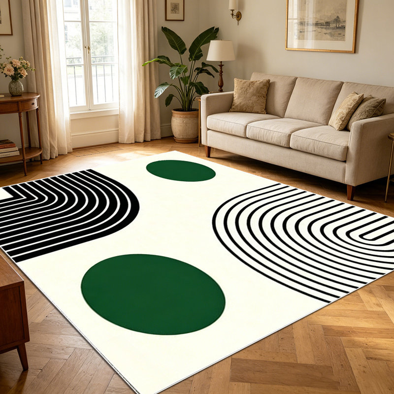 1PC Minimalist Abstract Geometric Black Arch Line & Dark Green Dot area rugs for Living Room, Soft and Comfortable, Suitable for all seasons, easy-to-maintain, machine washable Indoor floor mat, Under Table Farmhouse suitable for entryway, bedroom,
