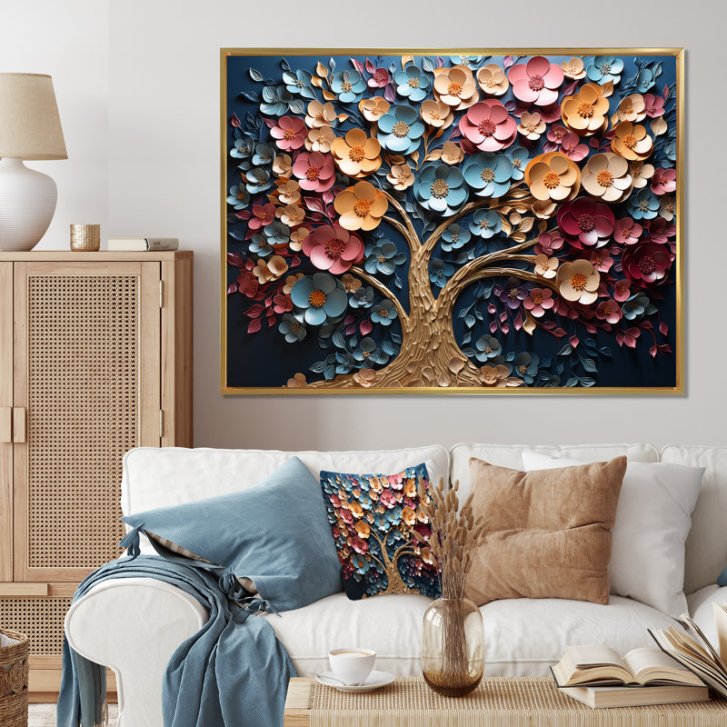 Orchidée dorée colorée, jardin de branches III - arbre, art mural, Cadre flottant doré, H 24 po x l 32 po x P 1 po