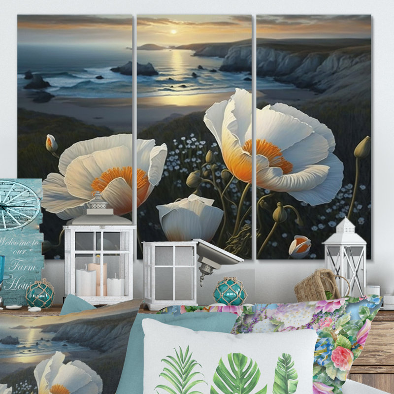 «White Flowers By The Coast III», reproduction sur toile 3 pièces, H 32 po x l 48 po x P 1 po, Toile tendue