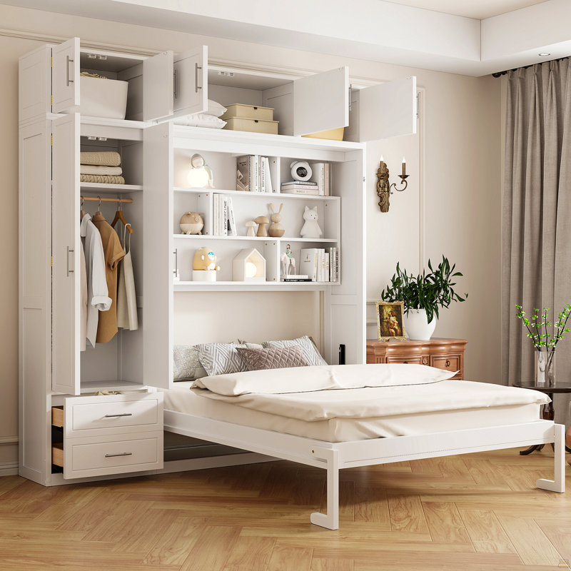 Lit escamotable mural avec armoire supérieure, Blanc