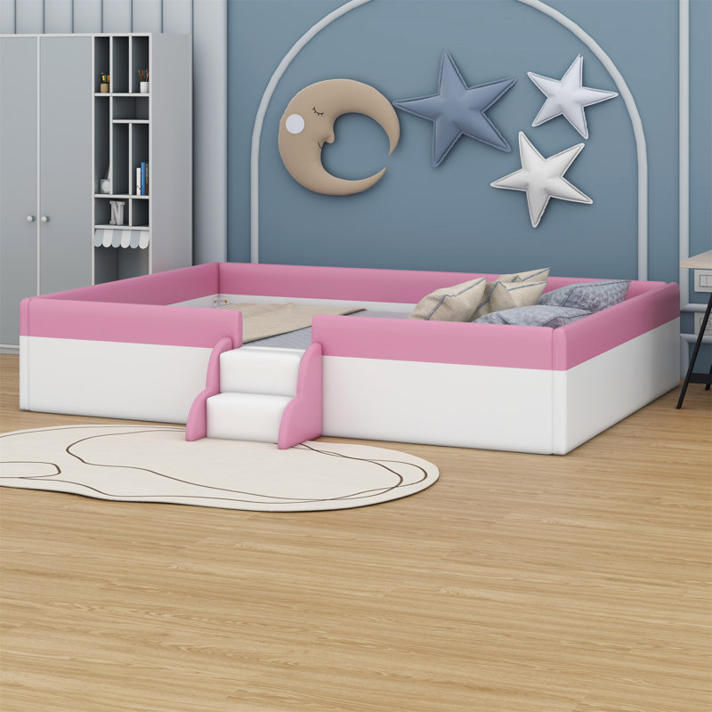 Upholstered Daybed Frame With Fence And Stairs, White/Pink