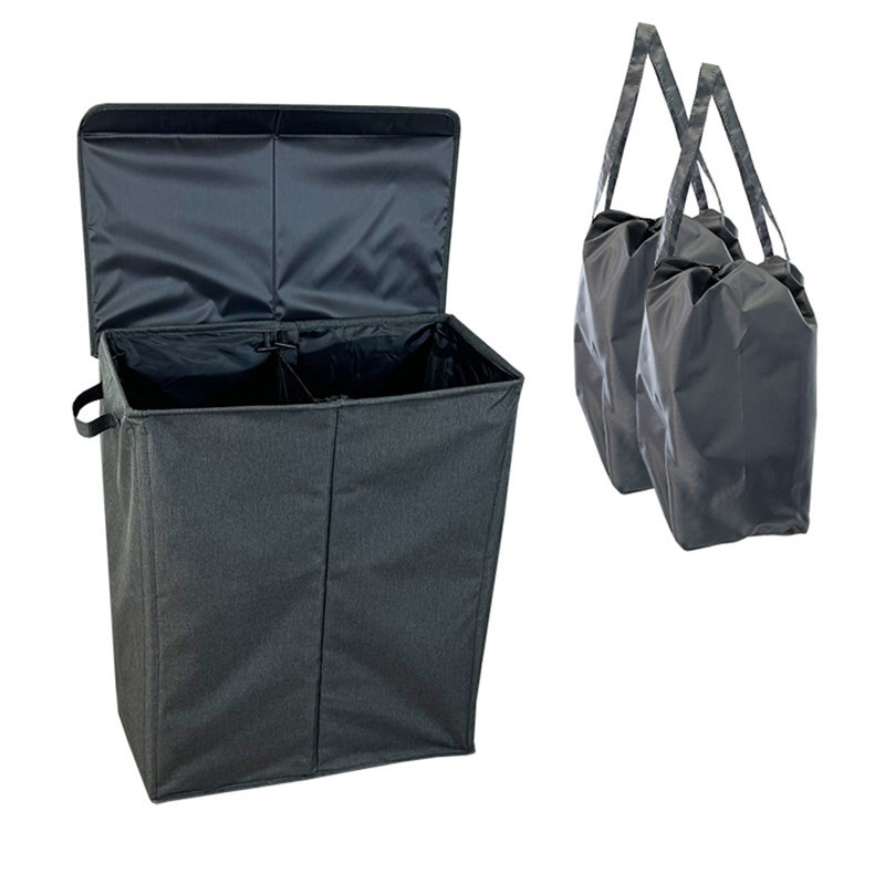 Double sac à linge double avec poignées de couvercle amovibles - noir