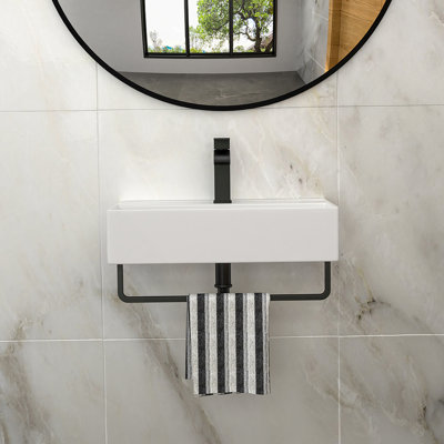 21"X12" Wall-Mounted Rectangular Ceramic Bathroom Sink With Black Towel Bar & Overflow, Black Faucet