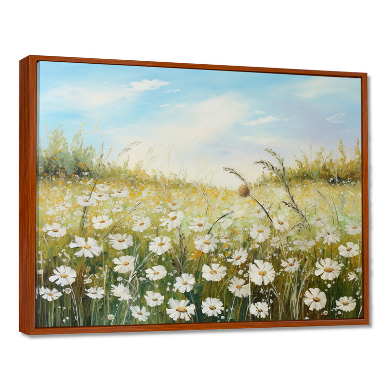 Champ de fleurs marguerites au soleil, H 16 po x l 32 po x P 1 po, Cadre flottant brun