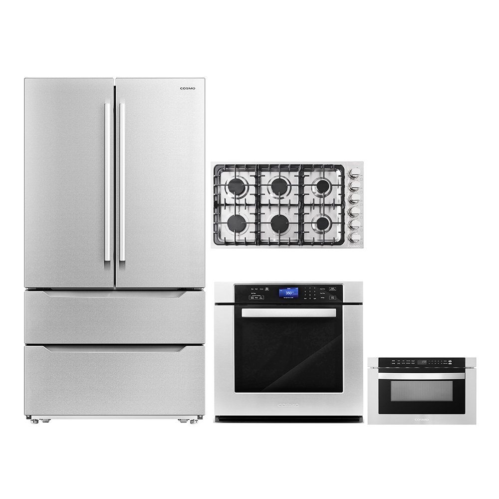 Cosmo 4 Piece Kitchen Appliance Package with French Door Refrigerator , 36'' Gas Cooktop , Wall Oven , and Microwave Drawer Cosmo