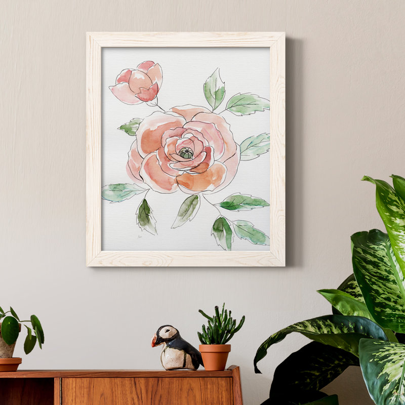 Rose Contour - Peinture sur toile encadrée, H 20 po x l 17 po x P 1,5 po, Cadre blanc