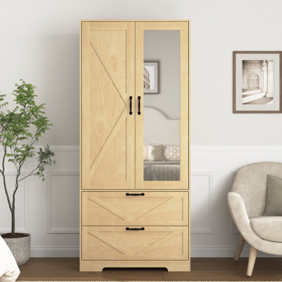 Armoire 2 portes en bois pour la chambre à coucher avec tringle à vêtements suspendue à l'intérieur de l'armoire et 2 tiroirs pour l'organisation du rangement, placard multifonctionnel à induction intégré avec miroir, naturel
