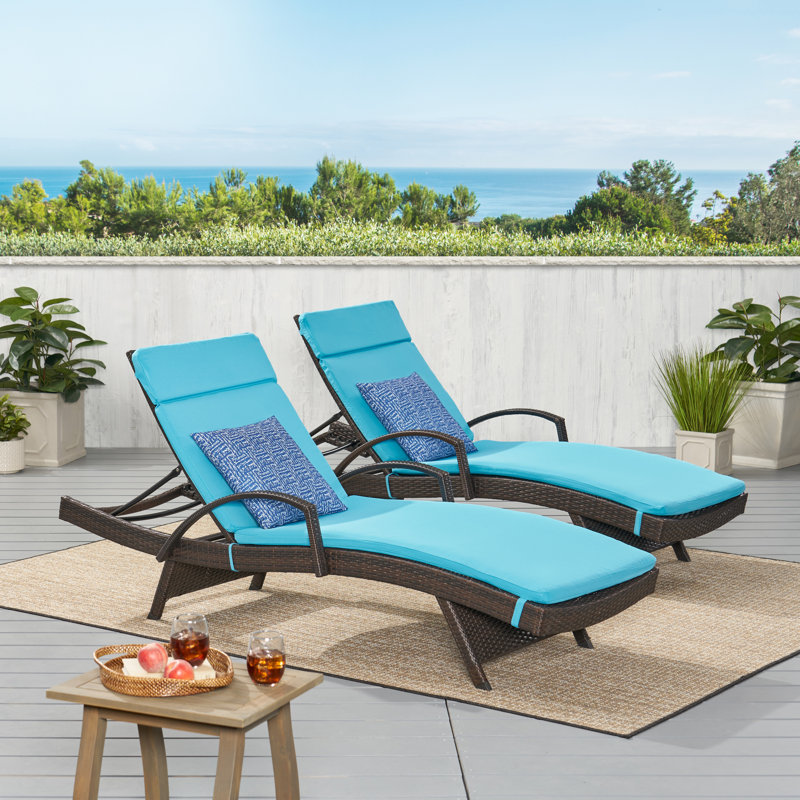 Billur Outdoor Wicker Chaise Lounge Set , Cushion Included, Blue