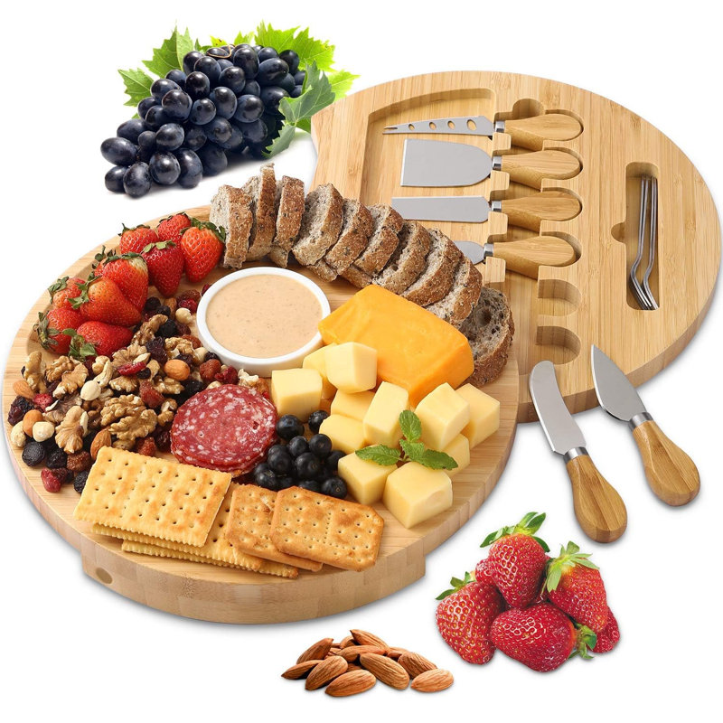 Ensemble de planche à fromage et de couteaux en bambou avec pivot et 6 couteaux