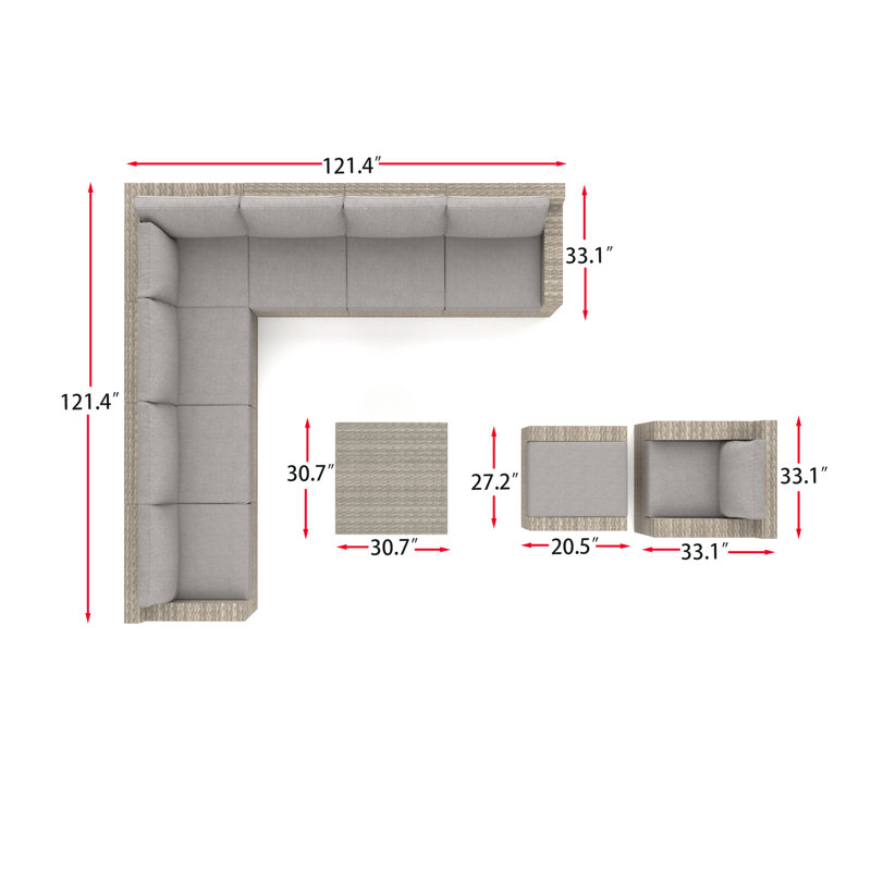 Ensemble de conversation modulaire en rotin 10 pièces avec coussins Lysia, Gris