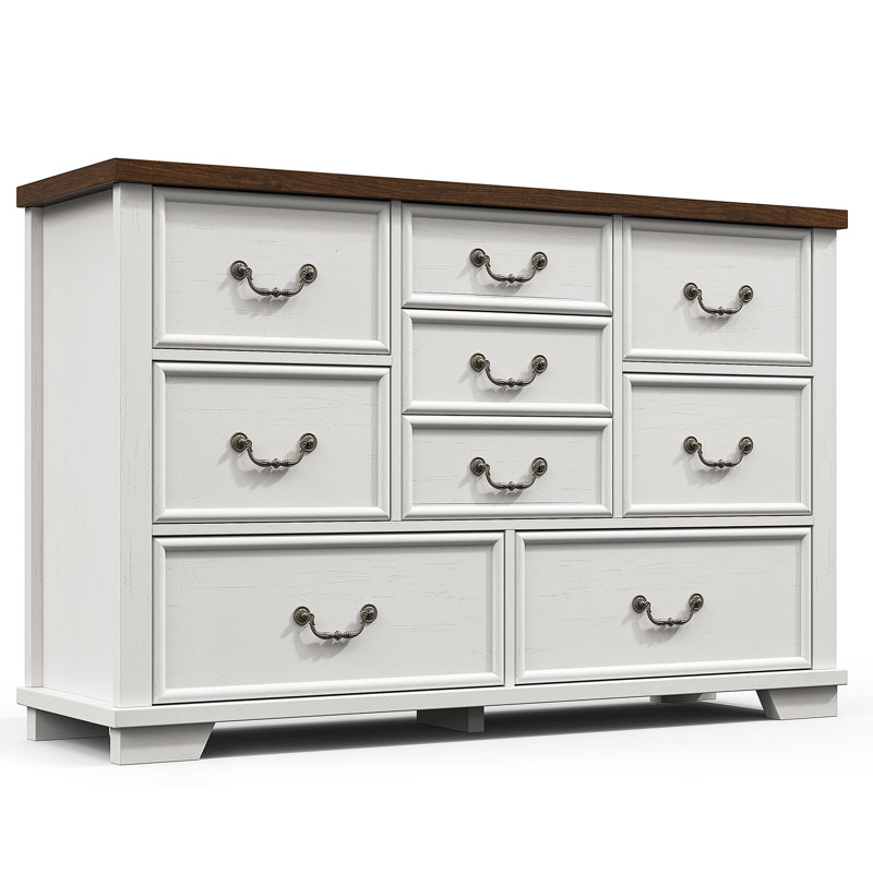 Antique White and Brown Wooden 9-Drawer Dresser with Metal Handles