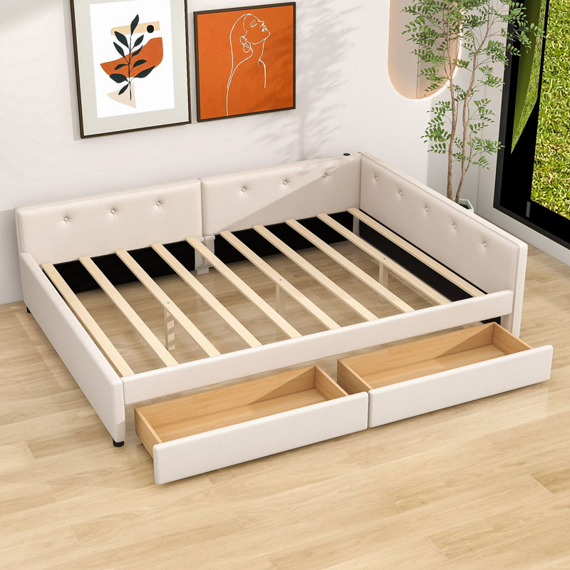 Wooden Upholstered Daybed with USB and 2 Drawers, Queen