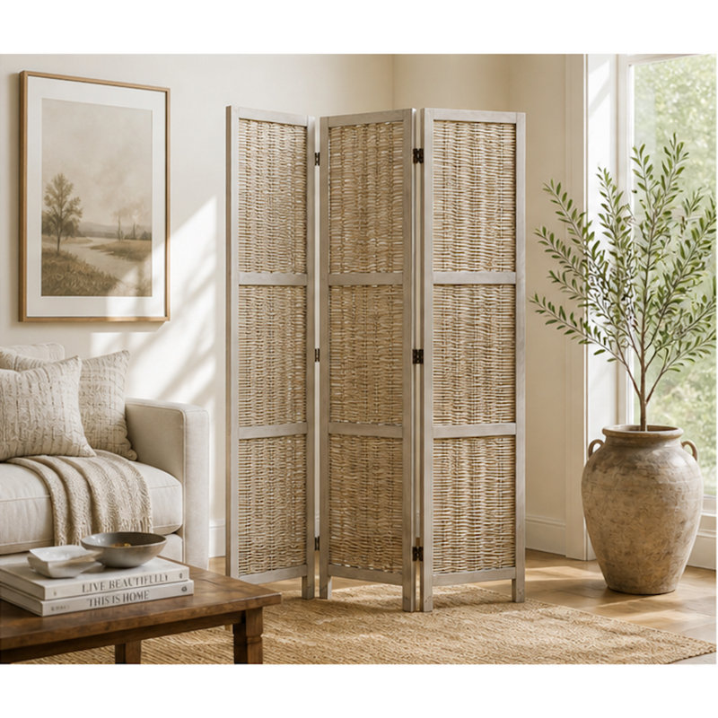 Woven Rattan 3-Panel Room Divider, Gray