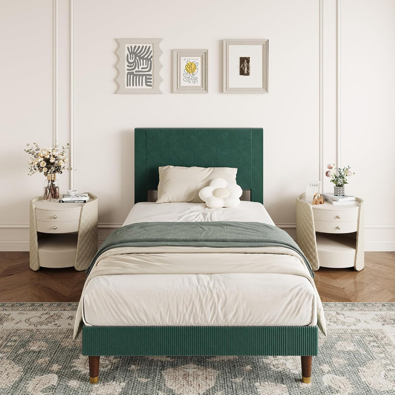 Twin Upholstered Platform Bed Frame, Fabric Headboard, Metal Frame with Wooden Slats, Twin Size, Modern Bedroom Use ,Dark Green