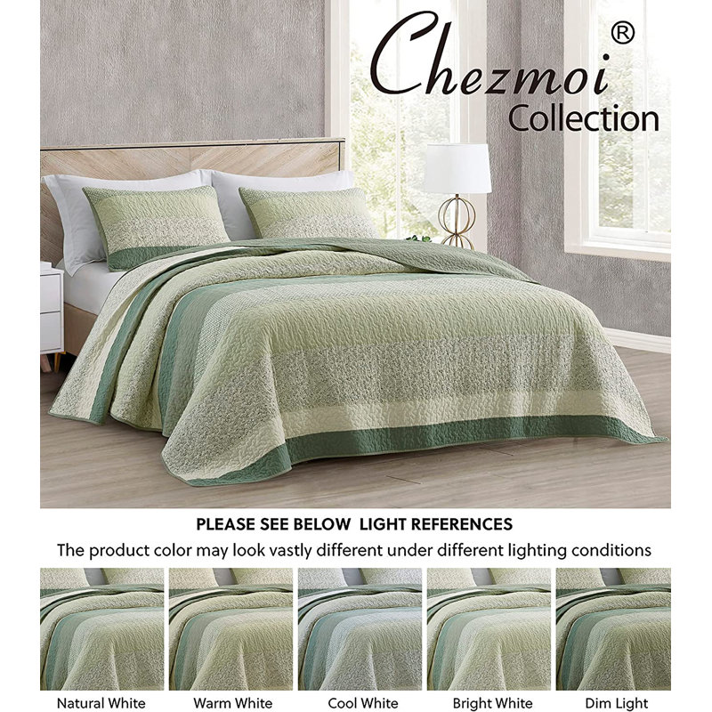 King Size Gray and Green Cotton Reversible Quilt Set