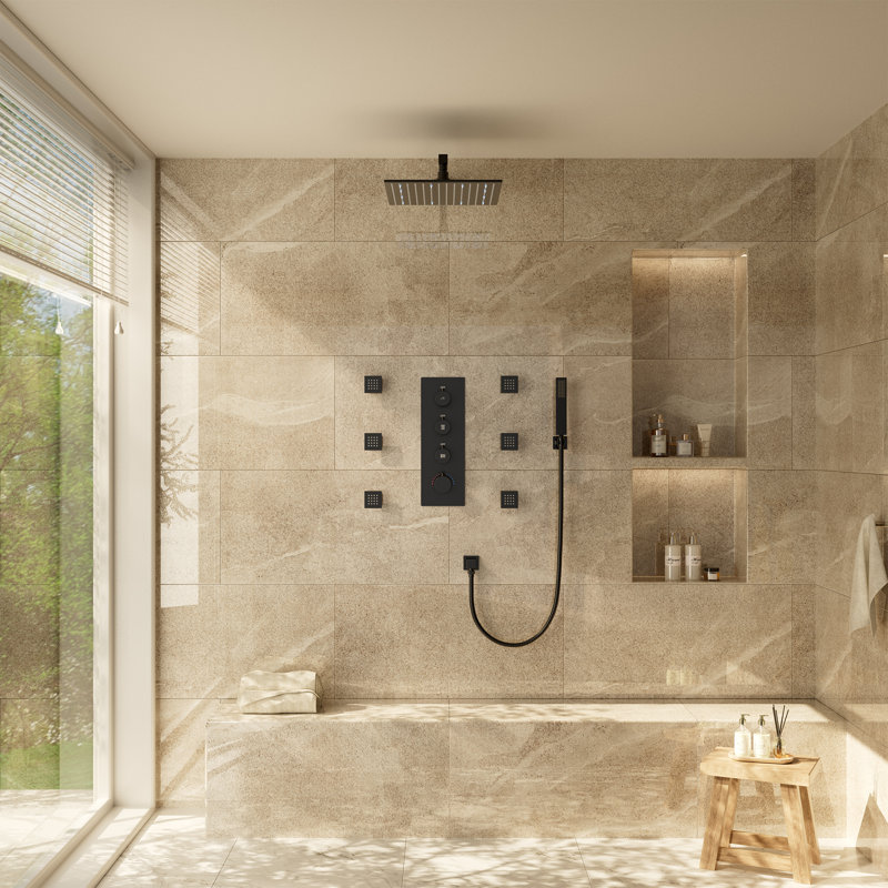 3-Function LED Light Thermostatic Rainfall Shower System with 6 Body Jets and Rough-in Valve, Matte Black