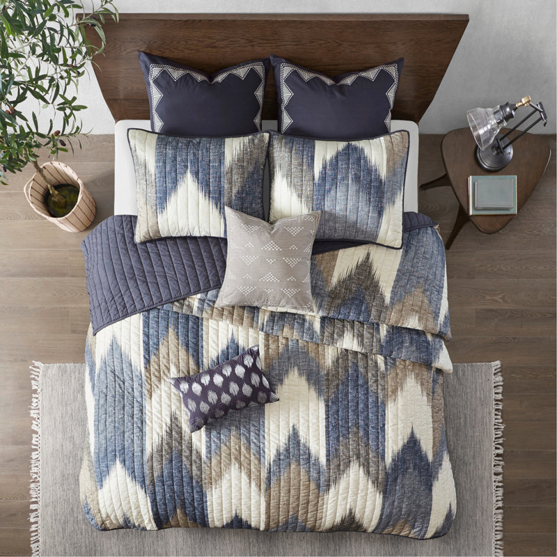 3 Piece Printed Cotton Quilt Set Navy