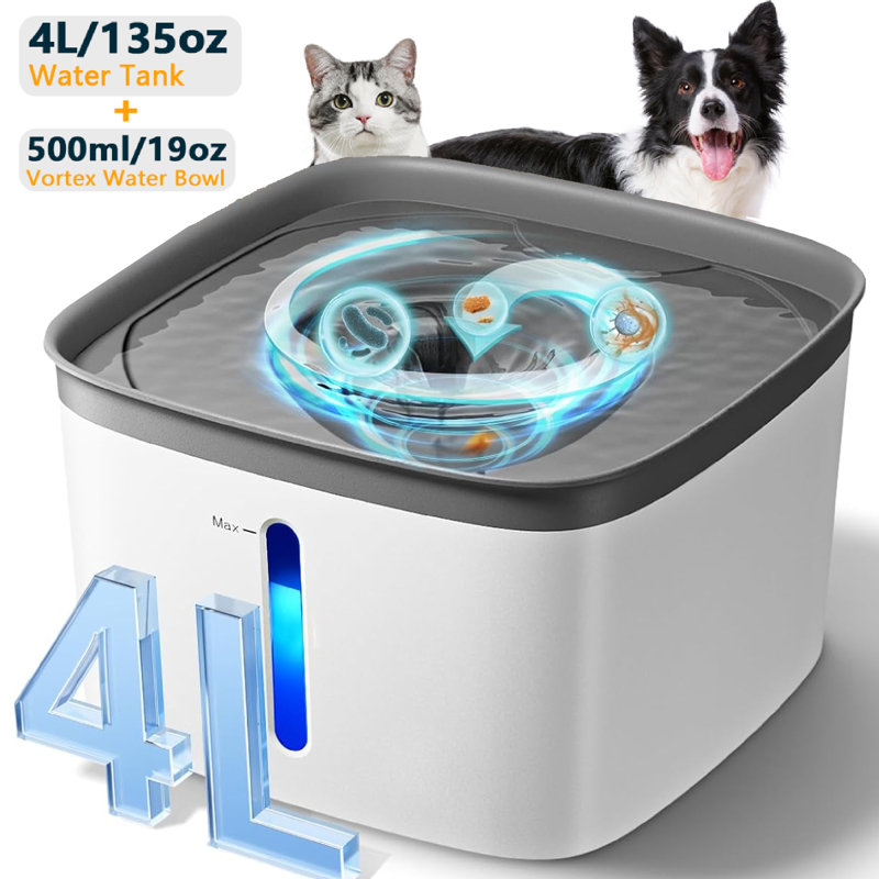 Fontaine à eau automatique 135Oz / 4L pour chats, ultra-silencieuse, conception Vortex à nettoyage instantané, Gris