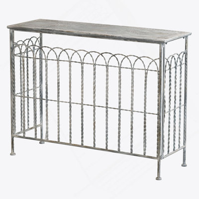 40X14x31" Rustic Iron Arched Fence Console Table, Weathered Silver Finish, Accent Table