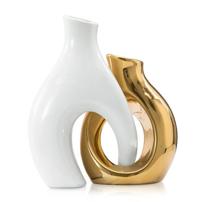 Modern Coastal Ceramic Vases, Snuggle Hollow Vase Ceramic Decoration for Living Room, Nordic Boho Decor for Coffee Table, Set of 2, (Gold)
