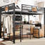 Lit mezzanine double en métal noir avec bureau intégré, rangements en tissu non tissé, structure robuste, échelles sécurisées dans les tiroirs, construction en acier pour un sommeil silencieux et facile à monter.