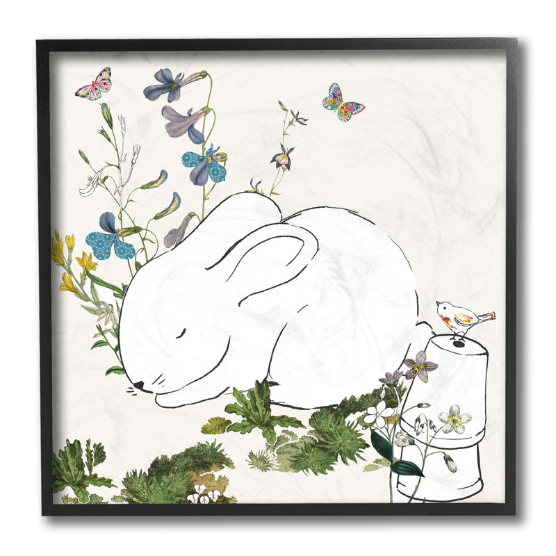 Lapin endormi, jardin de papillons doux, Giclée encadrée noir minuit, H 12 po x l 12 po x P 1,5 po