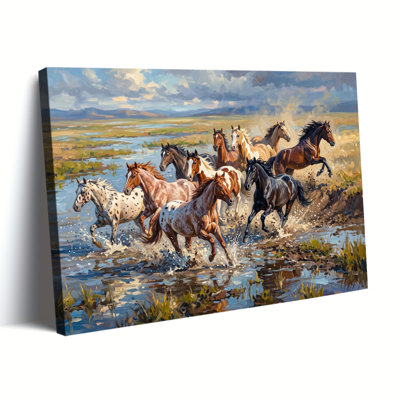 Chevaux sauvages traversant une rivière, impression texturée en impasto sur toile tendue sur châssis.