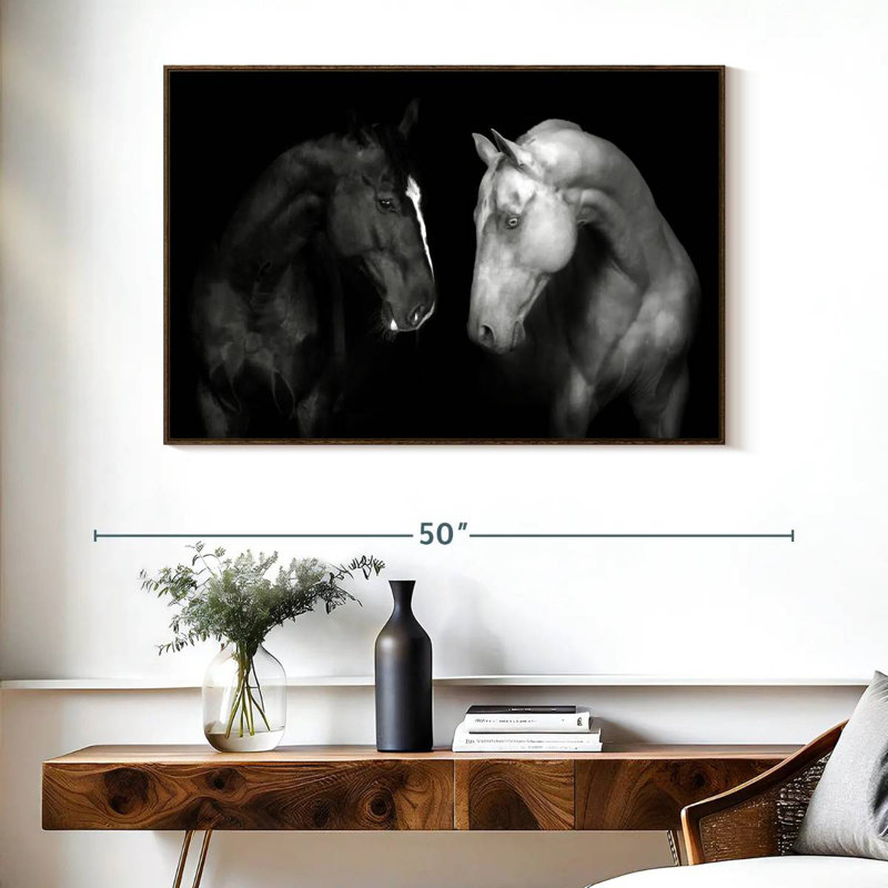 Chevaux monochromes, Cadre flottant noyer, 40 po x 27 po