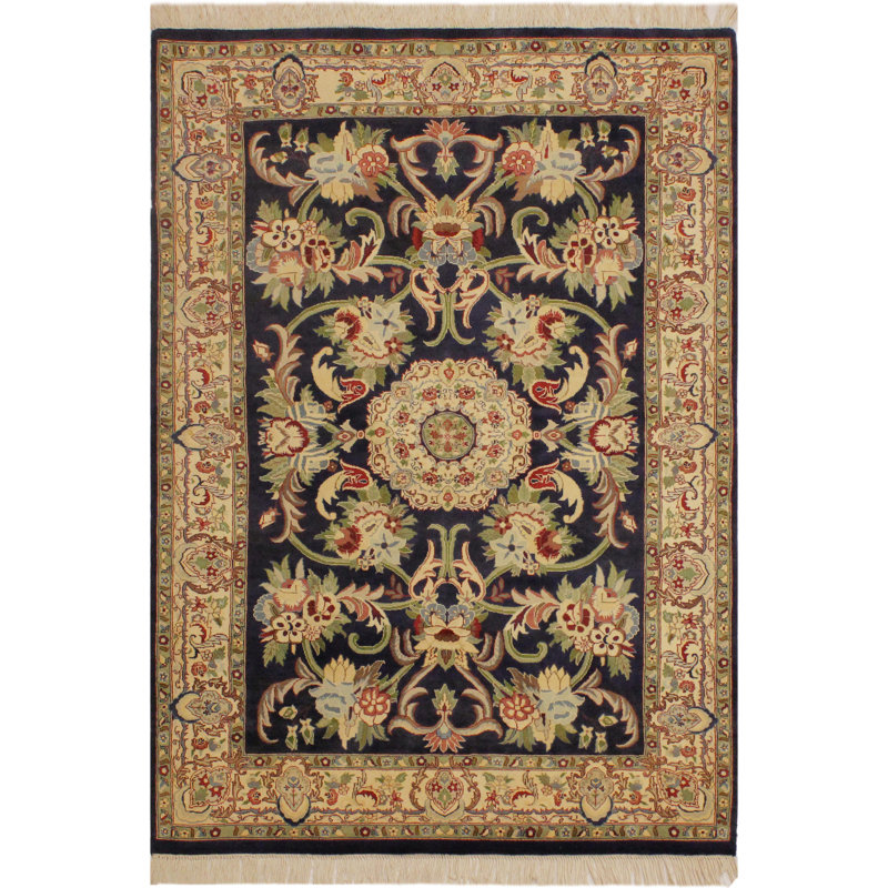 Tapis oriental ivoire / bleu en laine noué à la main 4 pi x 6 pi 1 po Oriental