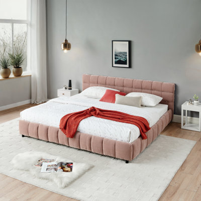 Lit tapissier avec tête de lit, tissu chenille, cadre solide et tiroir de rangement, lit rose confortable