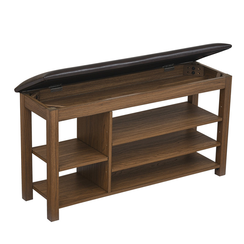Long Bench With Adjustable Height, Comfortable Seat, Brown Rubberwood, And -Proof Storage Space Height Natural Wood Grain, Multi-Layer