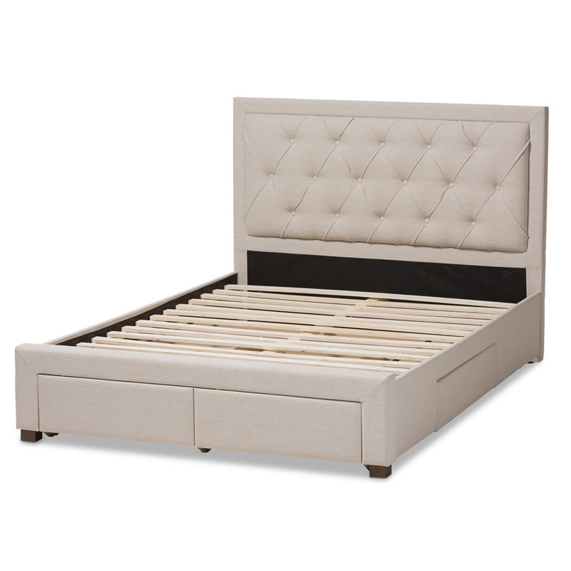 Lit plateforme tapissier avec rangement Aurelie, Beige, Très grand