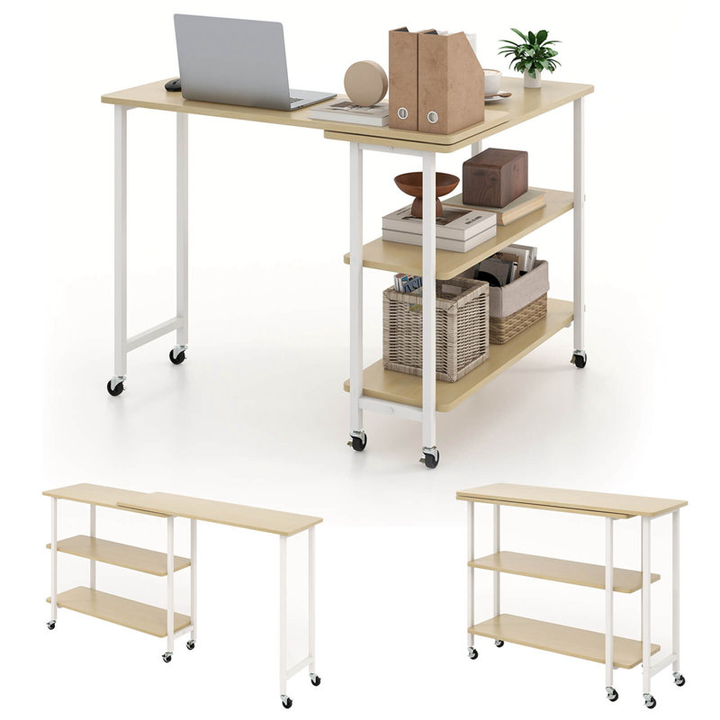 17 Storeys 360° Rotatable Sofa Side Table L-shaped Laptop Desk Snack Table Withshelf Patented, Natural/White