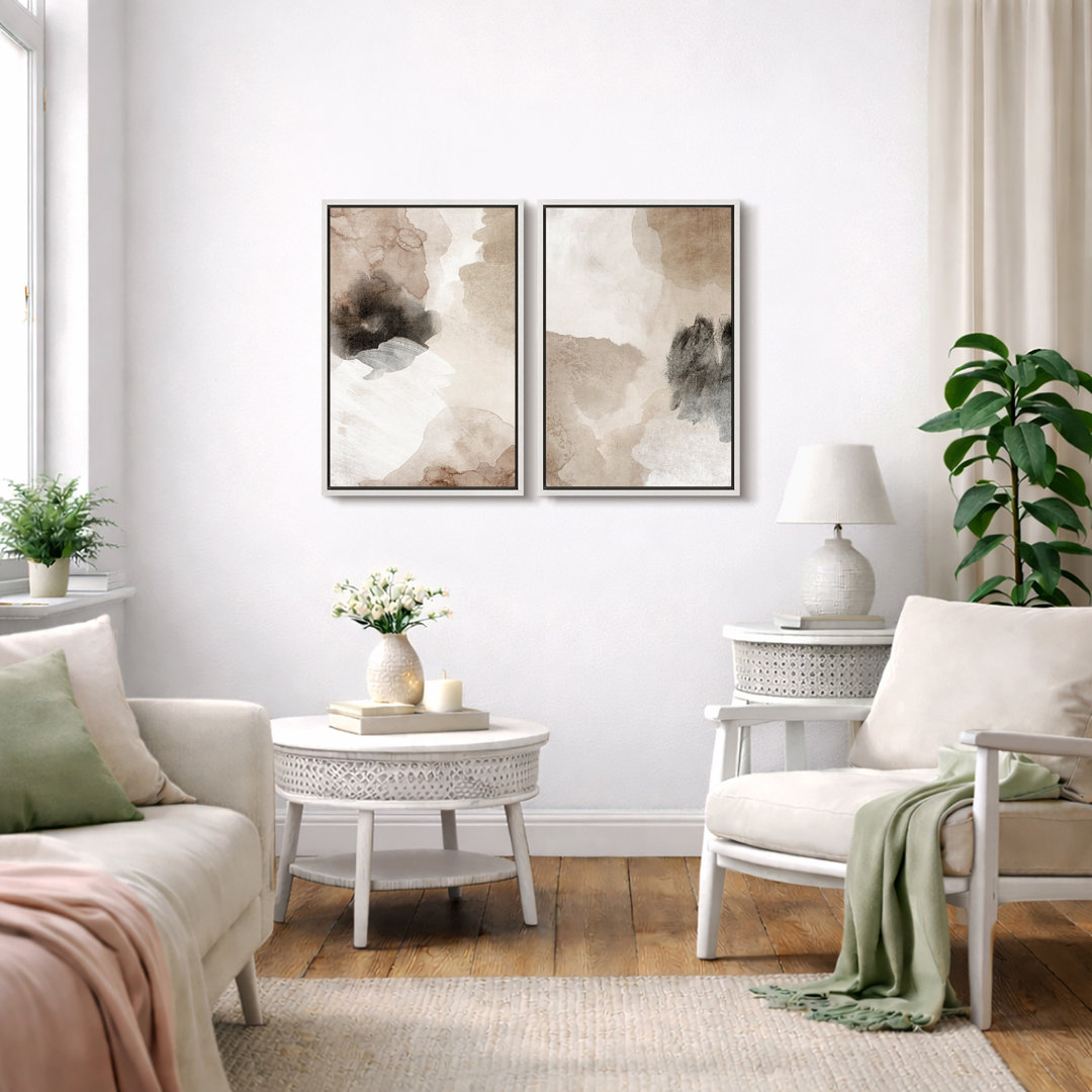 Grunge Abstract Paint Stroke Effect " Brown White Black Collage Abstract Shape Illustrations " 2 - Pieces IDEA4WALL Frame 