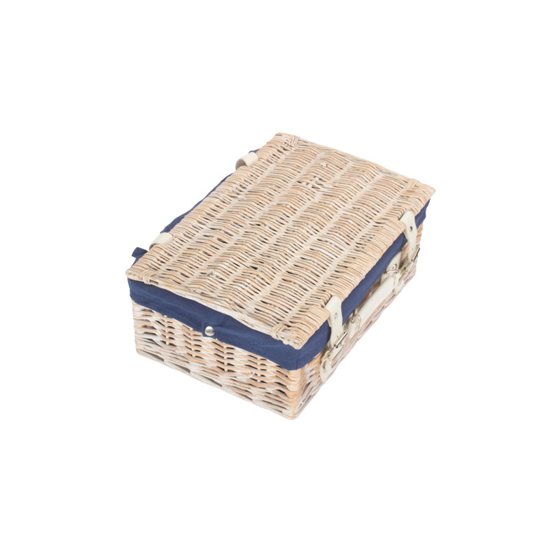 Wicker Hamper Basket with Lining, 15cm H x 36cm W x 26cm D, White/Navy Blue
