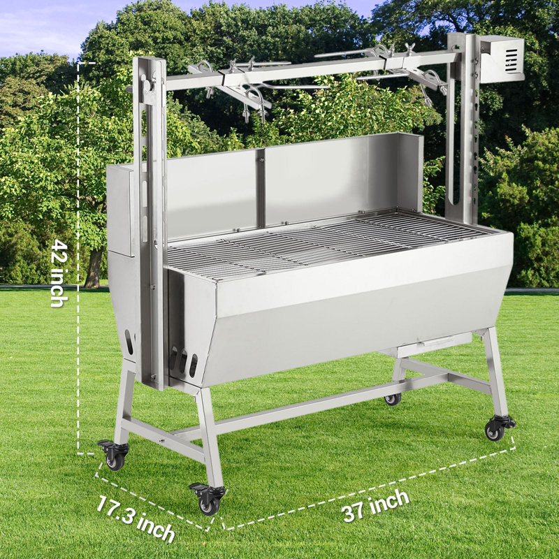 Rôtissoire au charbon de bois 37 po en acier inoxydable - capacité de 132 lb (60 kg), moteur électrique de 52 W et manivelle, hauteur réglable, roulettes verrouillables, pare-brise, avec déflecteur, rôtissoire à broche pour l'extérieur, prise et manivelle