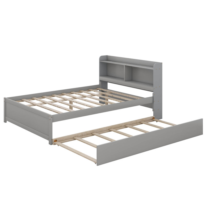 Full Size Platform Bed With Trundle, Wood Full Bed Frame With Bookcase And Headboard, Gray