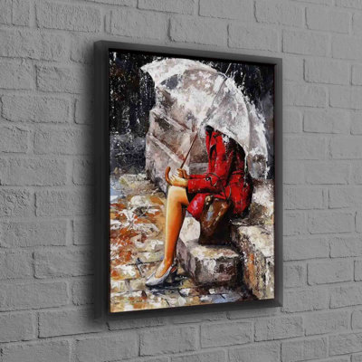 Art abstrait sur toile de coton mettant en vedette une femme contemporaine avec un parapluie sous la pluie pour la décoration murale