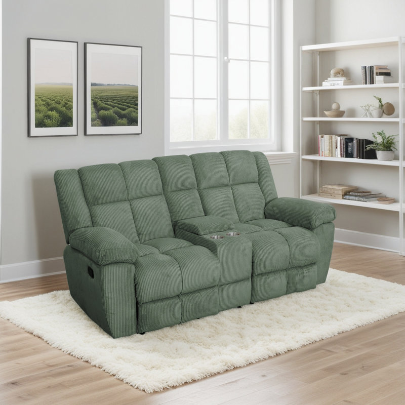 Manual Reclining Loveseat With Middle Console - Corduroy Upholstery, Dual Cup Holders, Split-Back Design, Green