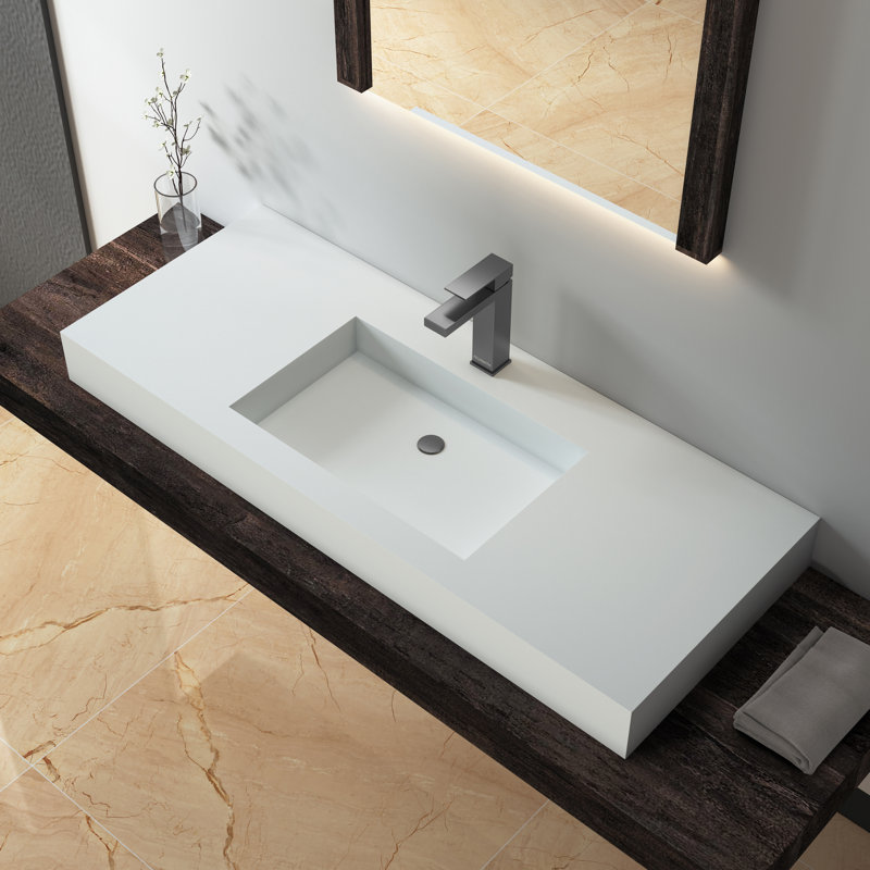 47'' Wall Mounted Stone Resin Rectangular Vessel Sink in Matte White, Modern Bathroom Wash Basin with Faucet Hole, White
