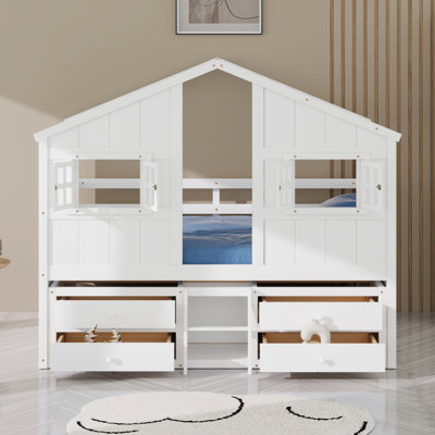 House Loft Bed With Roof, Windows,4 Storage Drawers,Guardrails,Ladder by Harper Orchard