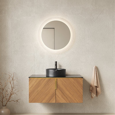Meuble-lavabo 36 po, armoire de rangement murale en contreplaqué avec portes doubles, comptoir en pierre frittée noire et lavabo rond en céramique noire avec motif de pierre, brun