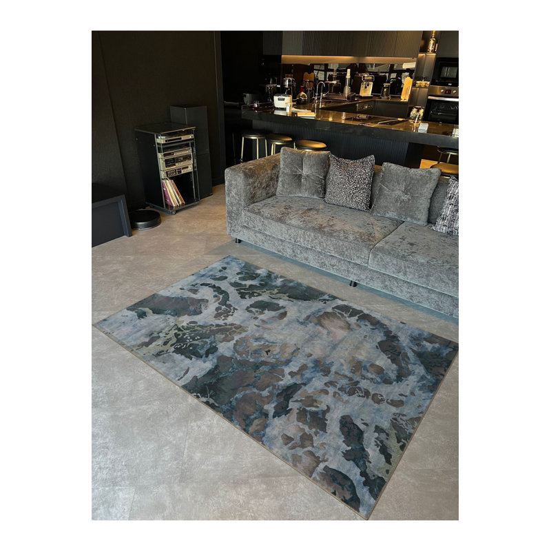 Tapis décoratif moderne à motif abstrait bleu et gris lavable à la machine