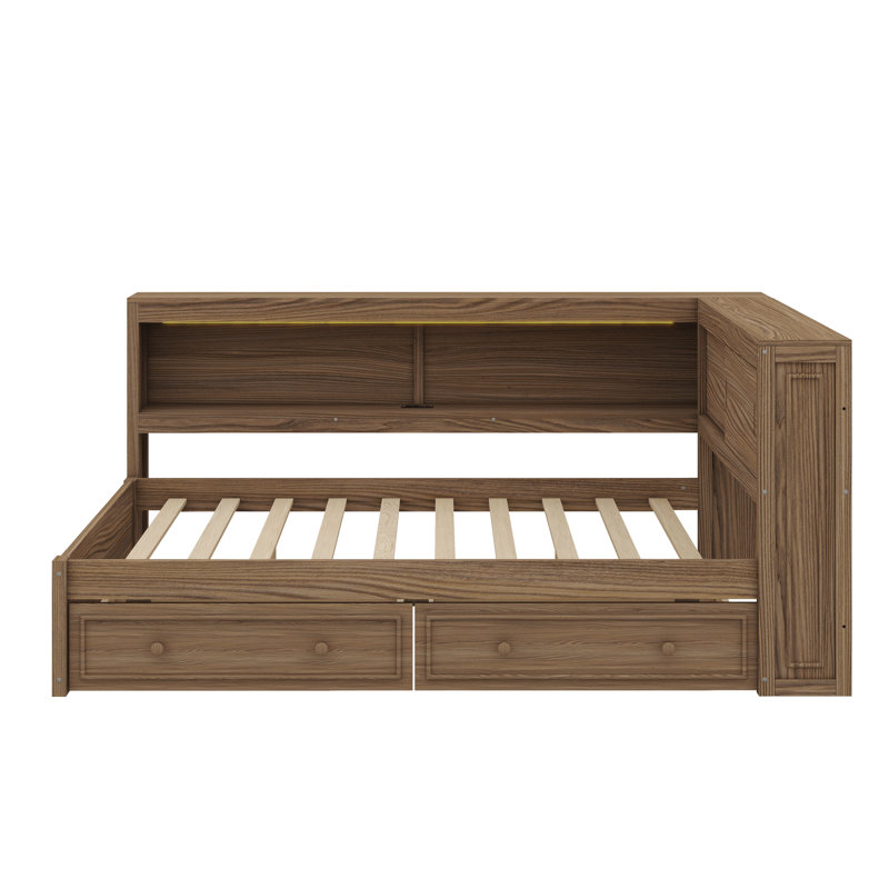 Lit de jour double en bois avec tablettes de rangement intégrées, lumières USB / DEL et lit en bois à deux tiroirs