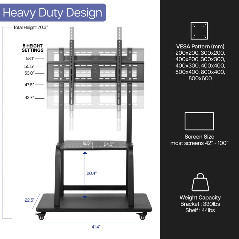 Black Heavy Duty Mobile TV Cart with Metal AV Shelf for 42" to 100" Screens