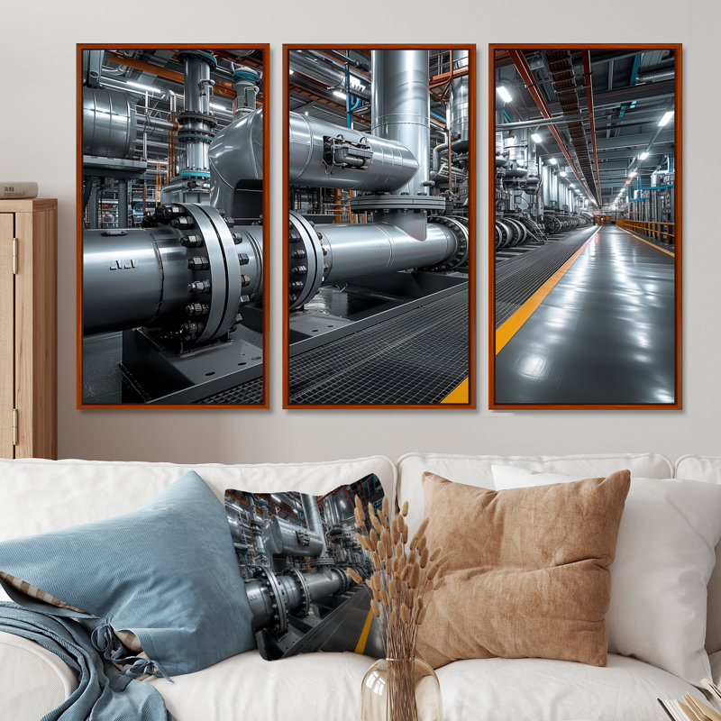 Ensemble de décorations murales industrielles jaunes et grises, Toile avec cadre flottant brun, H 40 po x l 60 po x P 1 po