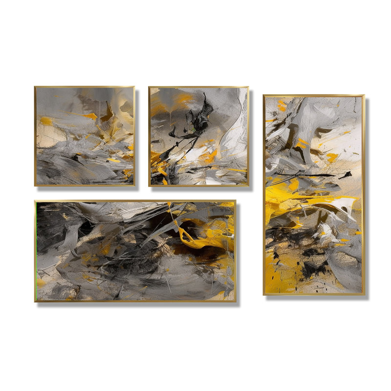 Moutarde jaune et gris vif III - Noir, reproduction d'art moderne sur toile 4 pièces, Impression encadrée sans passe-partout